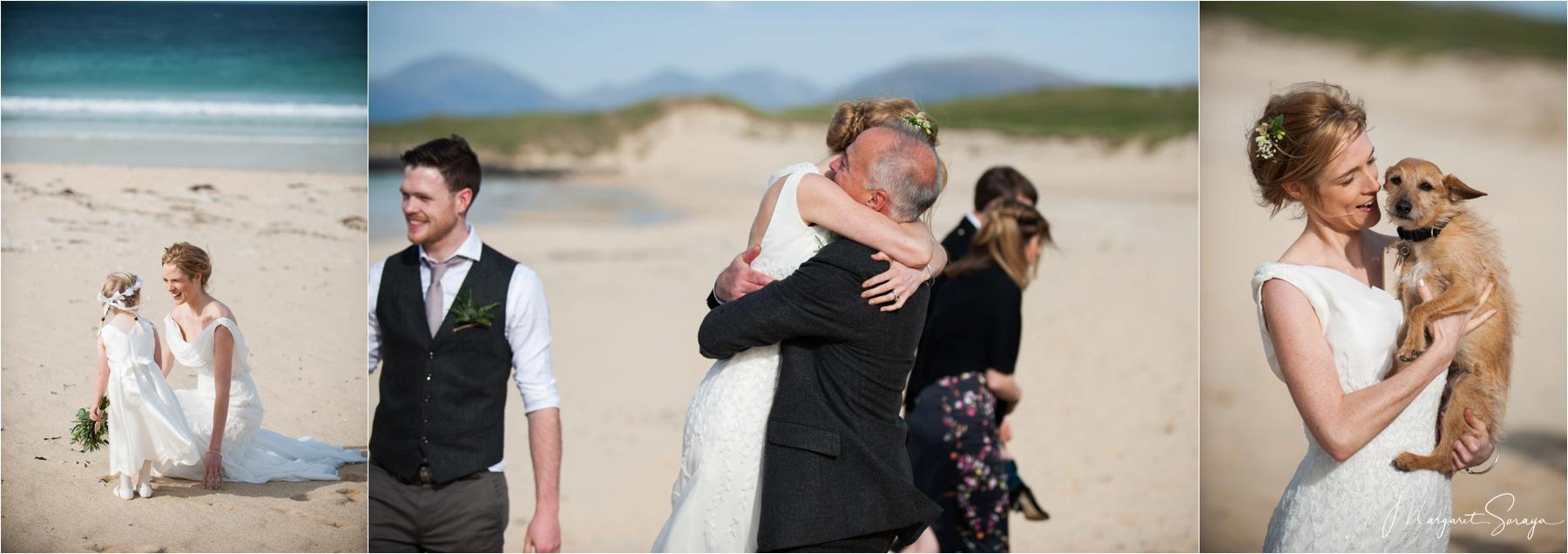 The bride's father hugs her just after the wedding ceremony on Scarista Beach in the Outer Hebrides. 