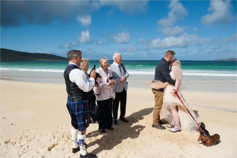 A beach wedding outdoors on the Isle of Harris in the Scottish highlands.