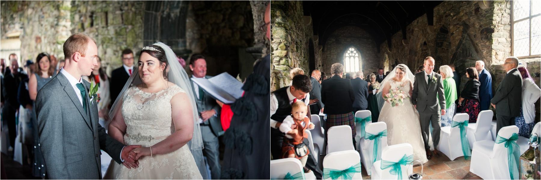 Newlyweds Lauren and Michael leave St Clements Church in Rodel on the Isle of Harris. 
