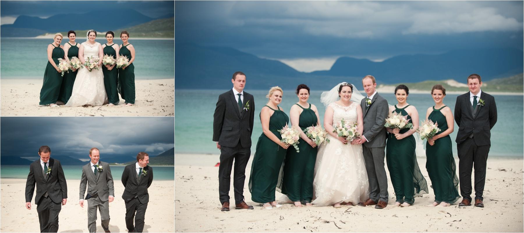 Formal wedding photographs of Lauren, Michael and their wedding party against the green and blue of the waves at Horgabost Beach on the Isle of Harris. The bridesmaids are in emerald green, full-length dresses and the men are in suits. 