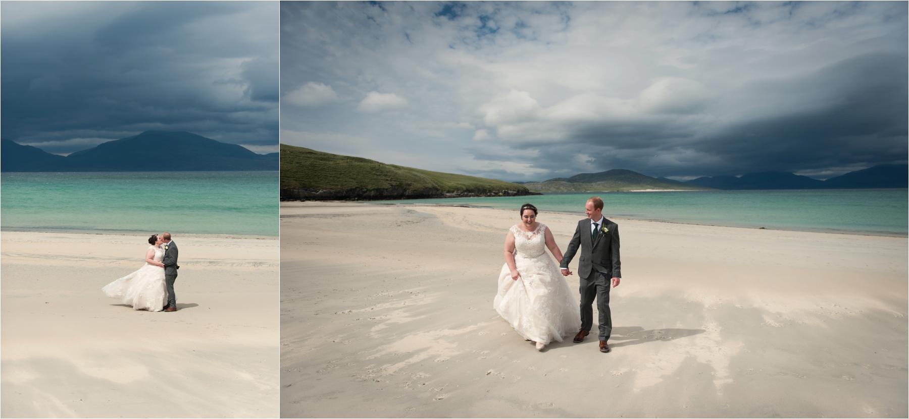 Bride and groom Lauren and Michael walk along Horgabost Beach on the Isle of Harris for their wedding portraits. 