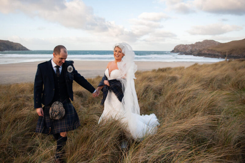 wedding couple on beach in the isle of lewis