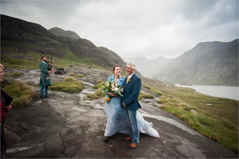An outdoor wedding on the Isle of Skye on the edge of Loch Coruisk with a Scotch mist.