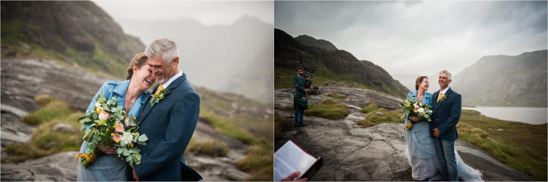 A piper plays for the bride and groom during a wedding ceremony at Loch Coruisk on the Isle of Skye. 