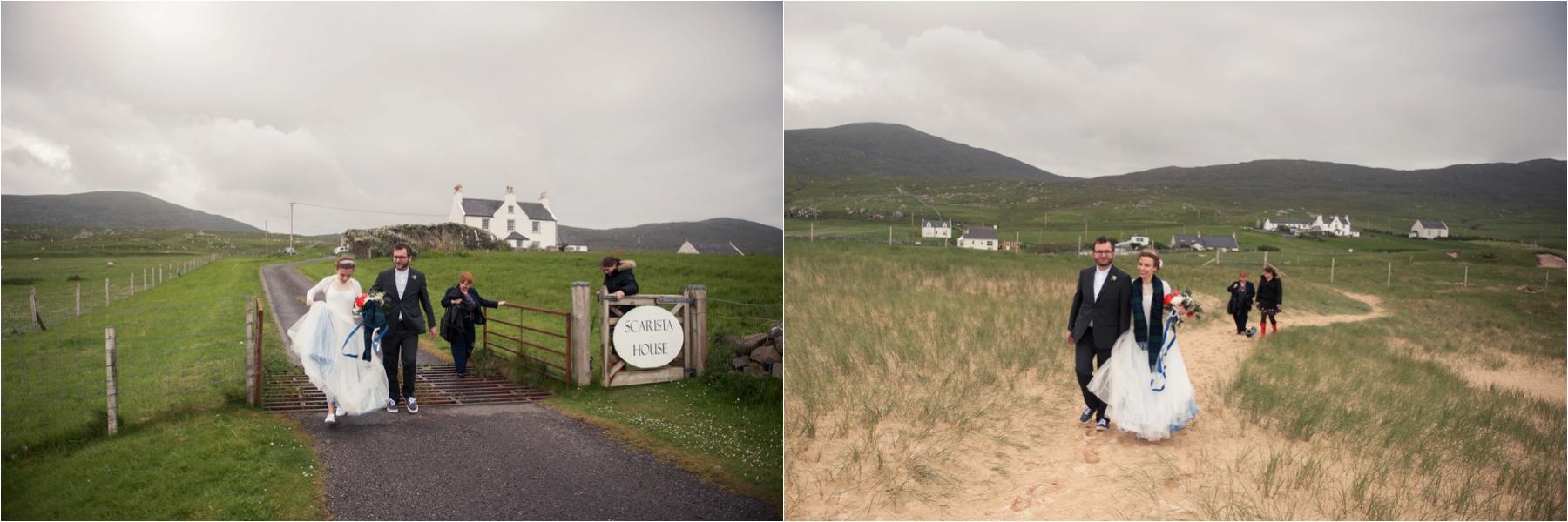 A bride and groom walk from Scarista House on the Isle of Harris to their wedding ceremony on Scarista Beach.