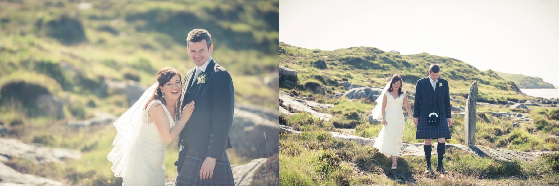 Outer Hebrides wedding photos of a bride and groom walking across a Scottish landscape. 
