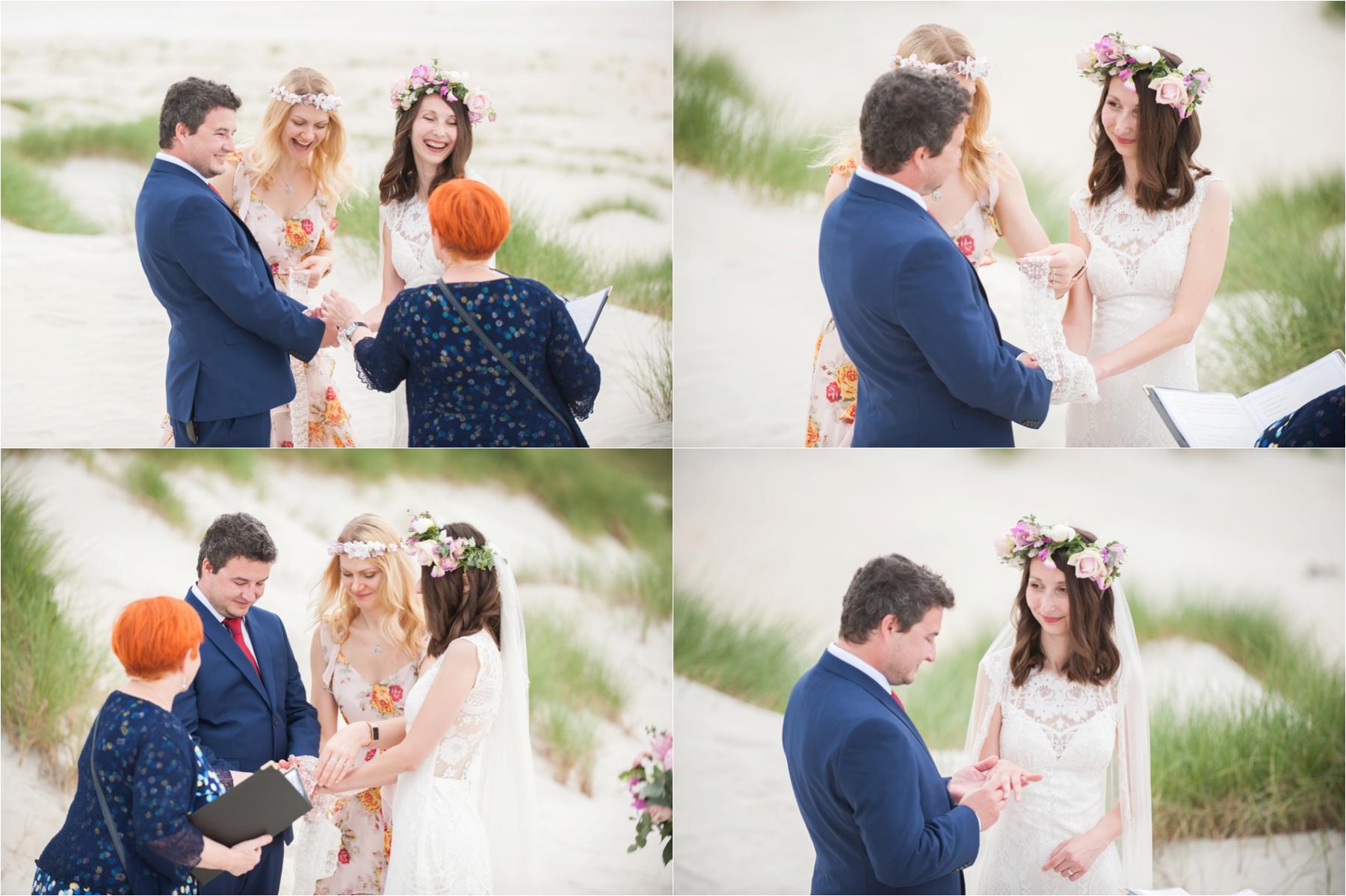 Bride and groom Ilona and Emil exchange rings with two friends as their witnesses. Celebrant Helen Mayer conducted the elopement on Luskentyre Beach.