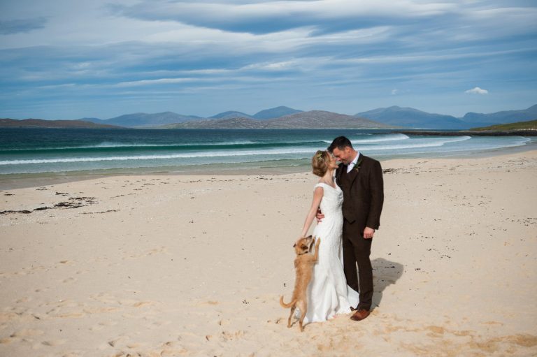 wedding couple with dog on scarista beach
