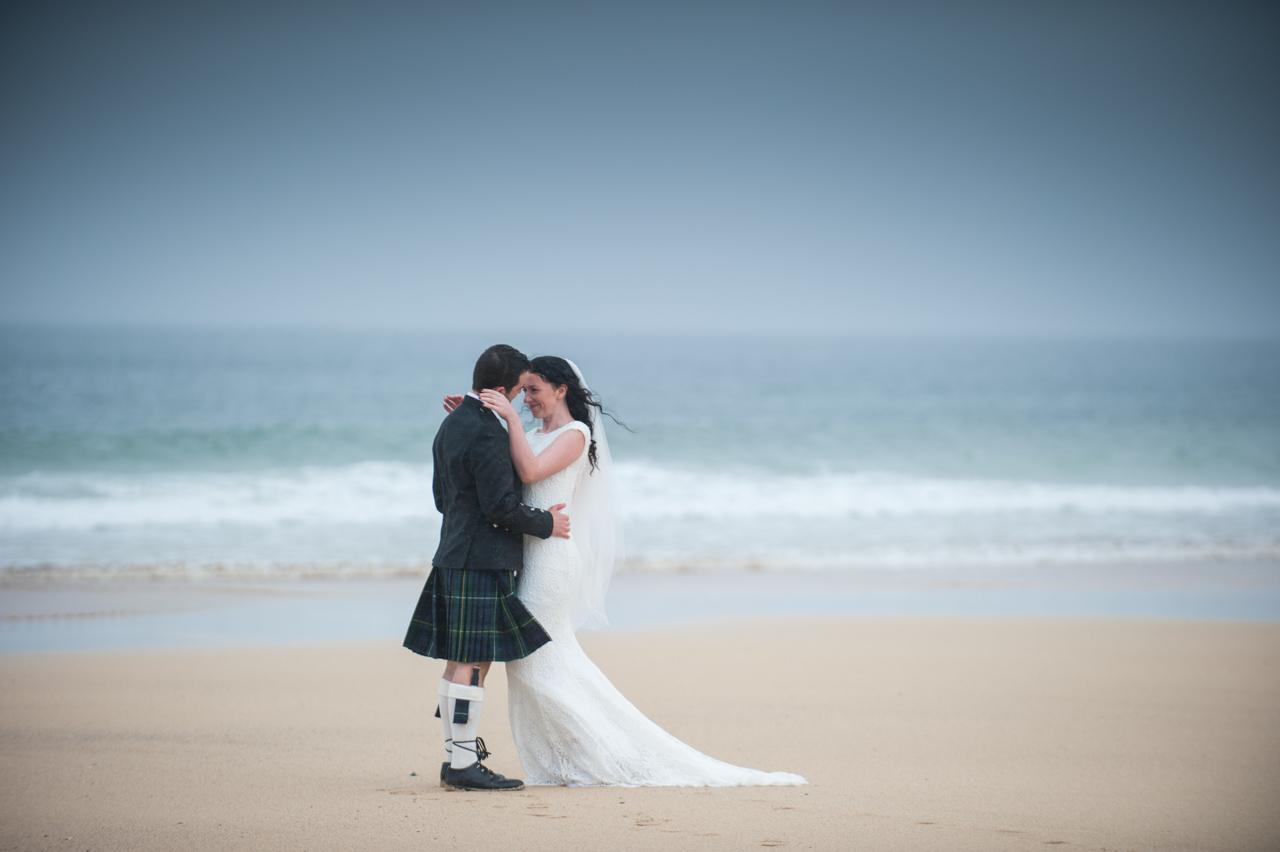 romantic bride and groom shot on borve beach isle of Harris beach wedding