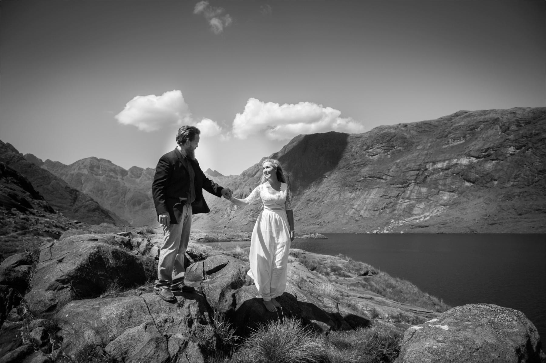 A black and white portrait from a couples session on Loch Coruisk. 