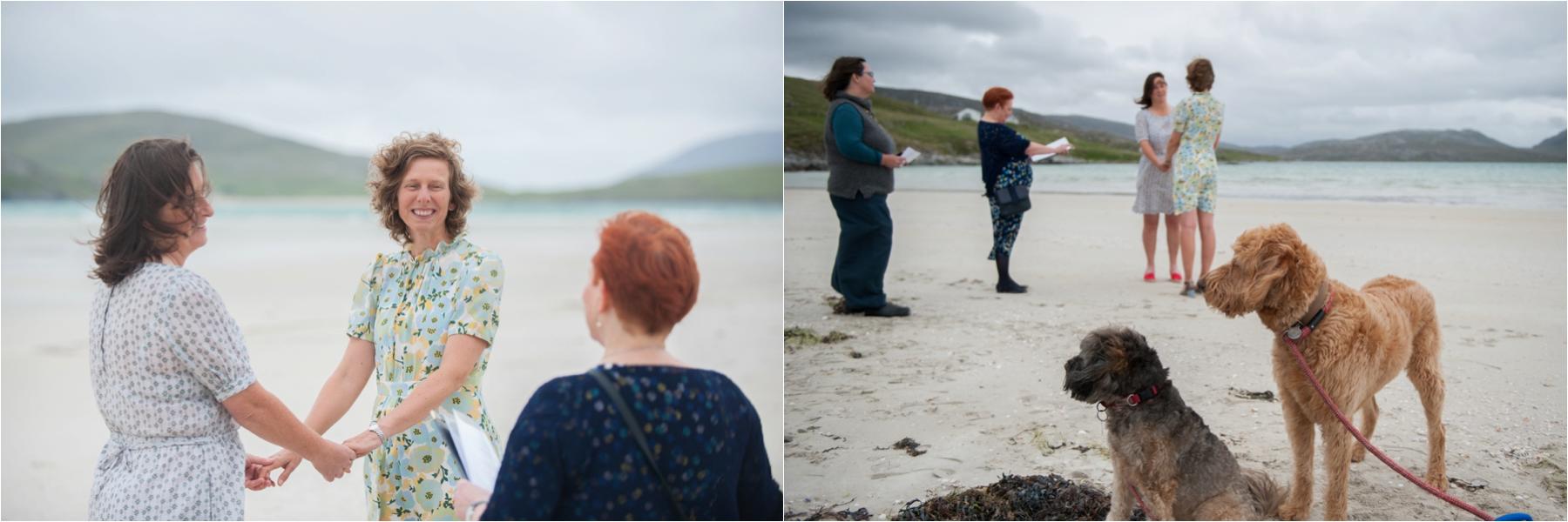 Exchanging vows in a wedding for two on Luskentyre Beach on the Isle of Harris in the Scottish Highlands. 