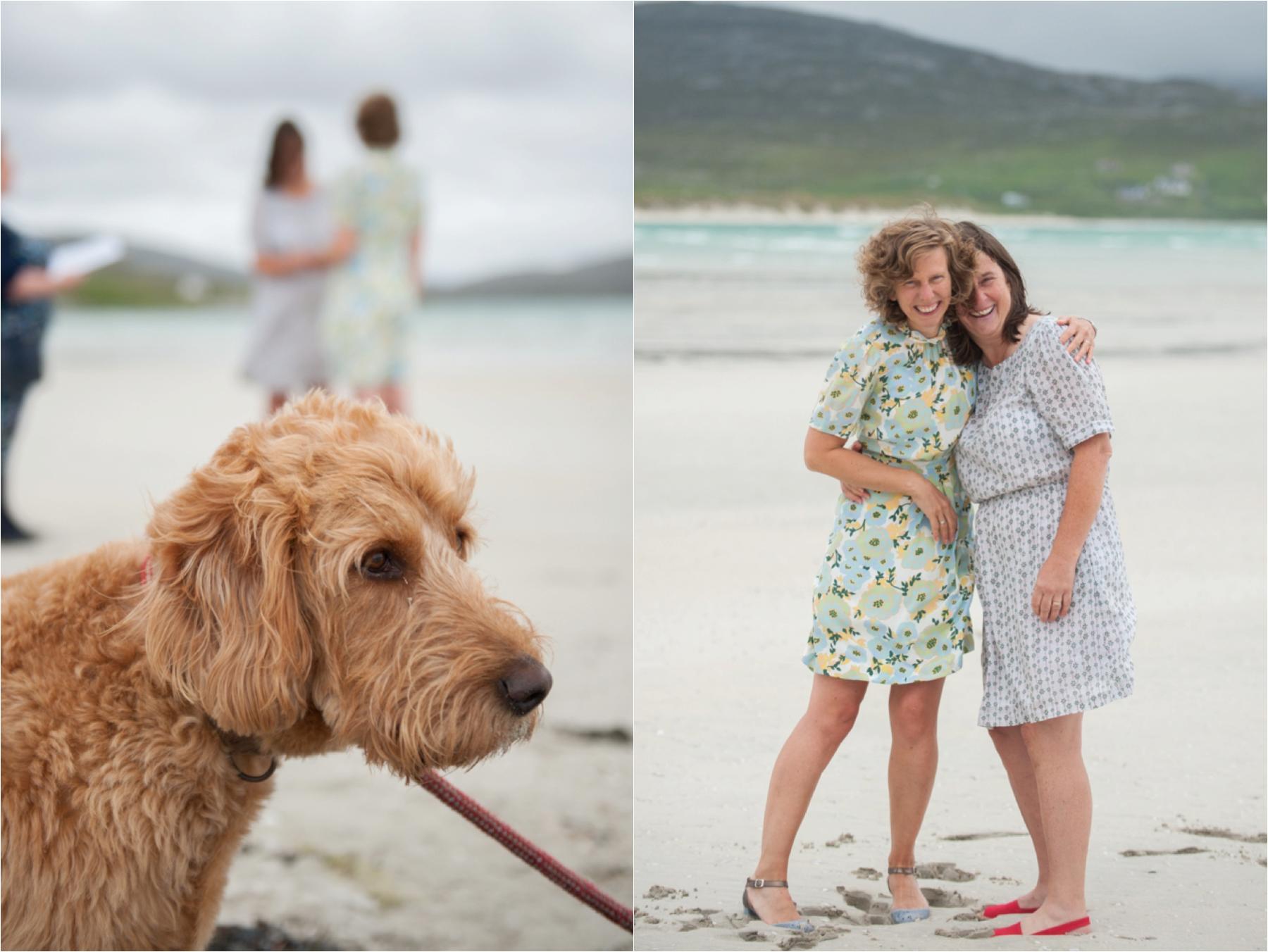 Two brides celebrate their marriage on Luskentyre Beach in the Outer Hebrides, Scotland. 