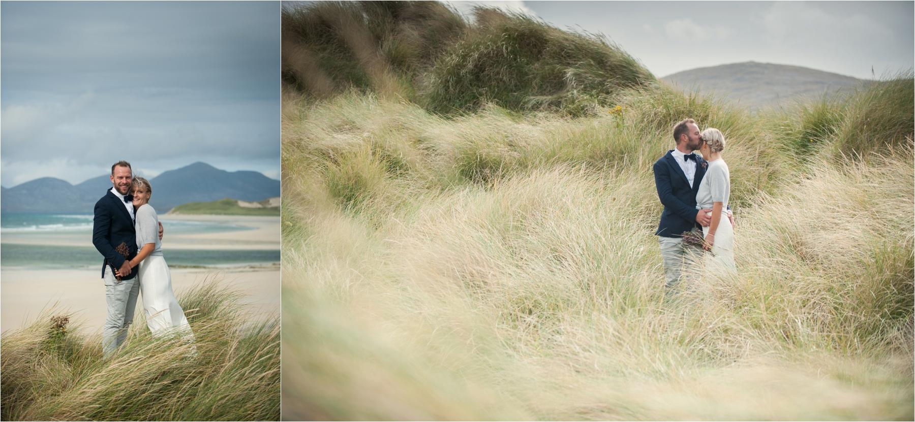 Portraits of a wedding for two on the Isle of Harris in the Scottish Highlands. The bride and groom are near Seilebost Beach. 