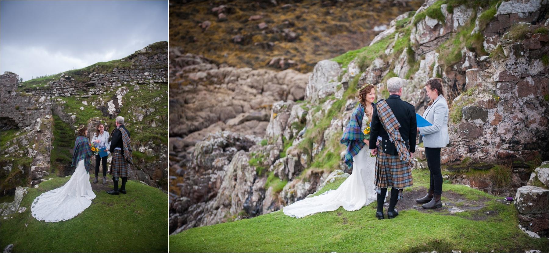 A bride and groom exchange vows during a humanist wedding outdoors in the ruined Dunscaith Castle. 