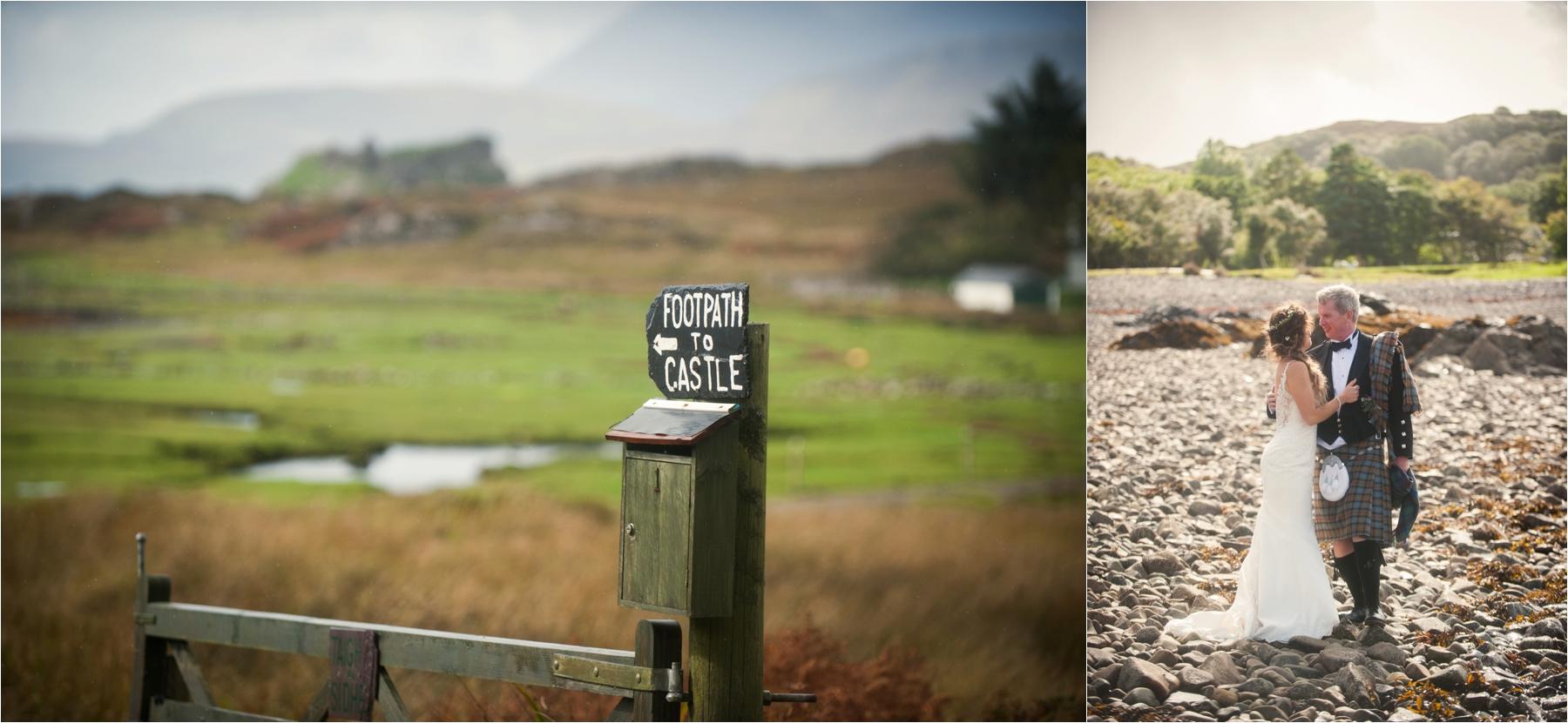 Wedding portraits near Dunscaith Castle in the Scottish Highlands. The couple married in a humanist ceremony outdoors in the wind and the rain. 