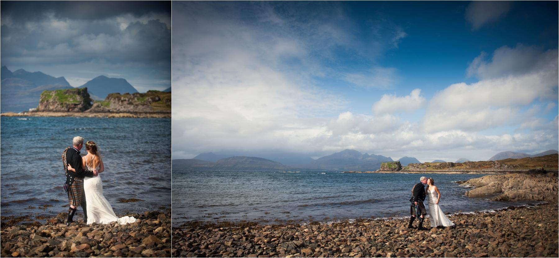 Bride and groom photos by the side of a loch after their elopement in the Scottish Highlands. 